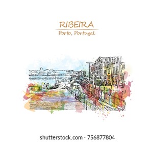 Watercolor sketch with splash of Ribeira Porto, Portugal in vector illustration.