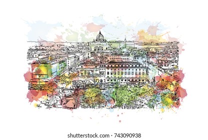 Watercolor sketch with splash of View of Rome from Castel Sant' Angelo in vector illustration. Skyline of Rome, Italy. Rome architecture and landmark, Rome cityscape.