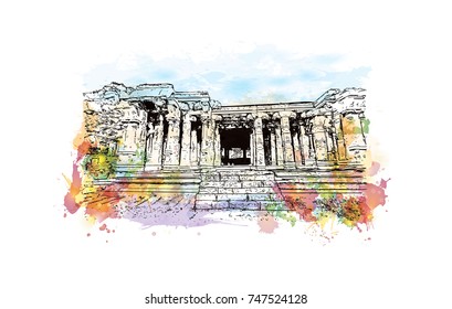 Watercolor sketch with splash of Vittala temple in Hampi, Karnataka, India in vector illustration.
