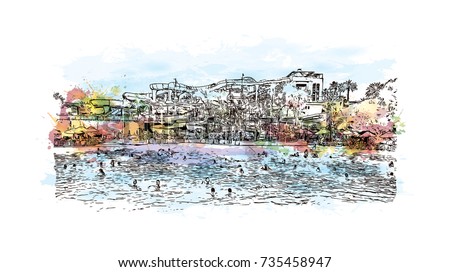 Watercolor sketch with splash of Water Park Dubai UAE in vector illustration.