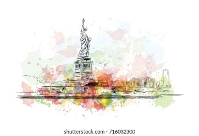 Watercolor sketch of Statue of Liberty New York City USA in vector illustration.