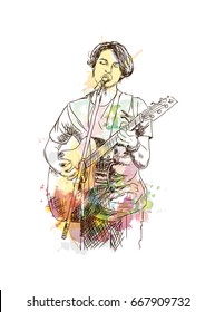 Watercolor with sketch of street singer with guitar in vector.