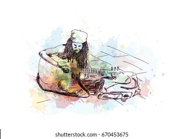 Watercolor sketch of street singer with guitar in vector