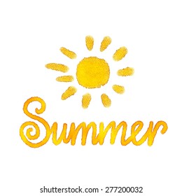 Watercolor Sketch Sun And Word Summer Isolated On White Background, Art Logo Design