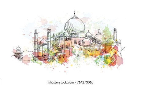 Watercolor sketch of Taj Mahal India in vector illustration.