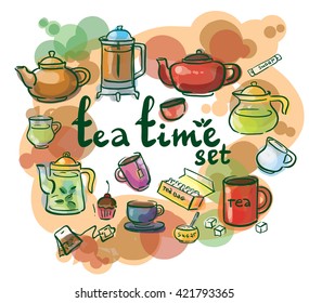 Watercolor sketch tea set and lettering