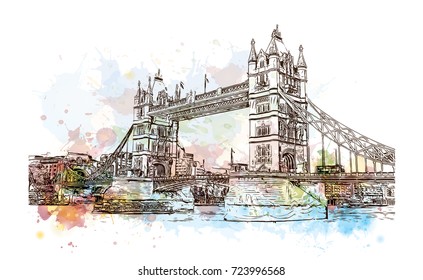 Watercolor sketch of Tower Bridge London, UK (United Kingdom, England) in vector illustration.