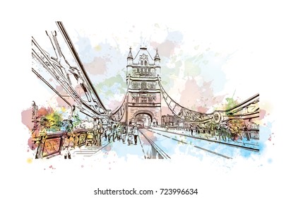 Watercolor sketch of Tower Bridge London, UK (United Kingdom, England) in vector illustration.