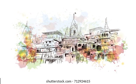 Watercolor sketch of Varanasi Kashi Ghat India in vector illustration.