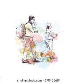 Watercolor sketch of walking girl and boy with bag in vector