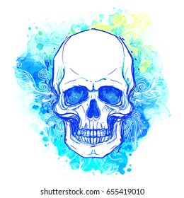 Watercolor sketchy skull with red, blue and purple colors isolated on white background.  Vector illustration. Religion, death, occultism, calavera symbol, alchemy magic. 