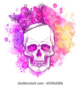 Watercolor sketchy skull with red, blue and purple colors isolated on white background.  Vector illustration. Religion, death, occultism, calavera symbol, alchemy magic. 