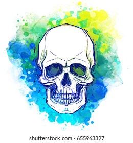 Watercolor sketchy skull with red, blue and purple colors isolated on white background.  Vector illustration. Religion, death, occultism symbol, alchemy magic. 