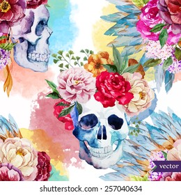 watercolor, skull, flowers, indian, boho, ethnic, pattern, wallpaper, background