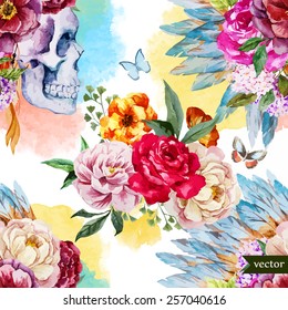 watercolor, skull, flowers, indian, boho,pattern, wallpaper, 