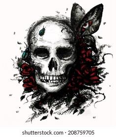 Watercolor skull with flowers - vector illustration.