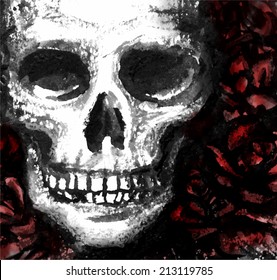 Watercolor skull with flowers - vector illustration.