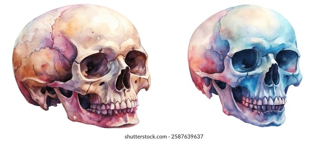 Watercolor skull illustration, realistic anatomy, vibrant colors, artistic rendering, medical education, decorative art.