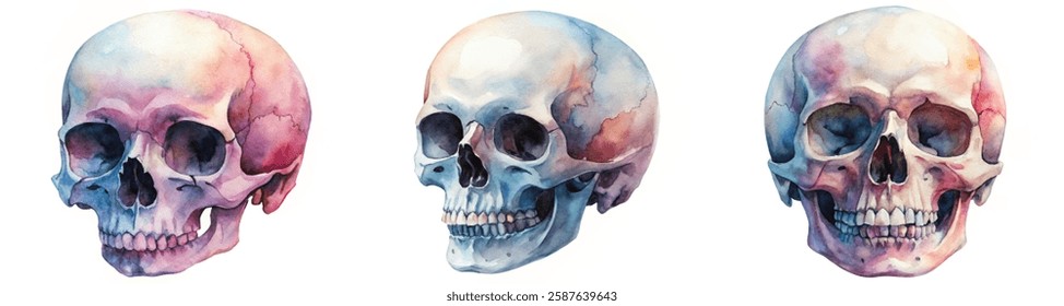 Watercolor skull illustration, realistic anatomy, artistic design, vibrant colors, educational purpose, decorative art.