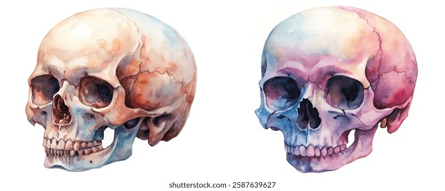 Watercolor skull illustration, realistic art style, anatomical study, vibrant colors, educational purpose, artistic display.