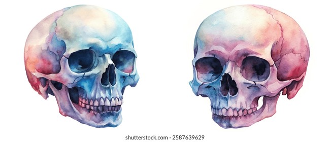 Watercolor skull illustration, vibrant color palette, artistic style, anatomical study, decorative art piece.