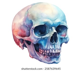 Watercolor skull illustration, vibrant color palette, artistic style, educational purpose, anatomical representation, decorative art piece.