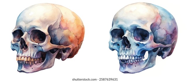 Watercolor skull illustration, vibrant colors, anatomical details, artistic design, medical education, decorative art.