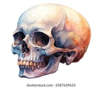 Watercolor skull illustration, vibrant colors, artistic anatomy depiction, educational art piece, medical illustration.