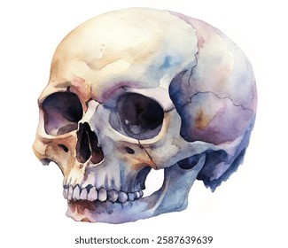 Watercolor skull illustration, vibrant colors, artistic style, anatomy representation, educational purposes, medical art, creative design.