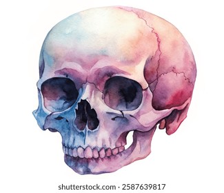 Watercolor skull illustration, vibrant colors, artistic style, educational use, medical reference, creative artwork.