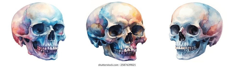 Watercolor skull illustration, vibrant colors, artistic anatomy study, decorative art piece, educational material, unique design, modern art style.