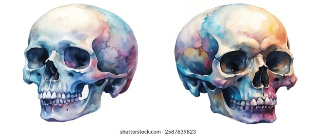 Watercolor skull illustration, vibrant colors, artistic style, anatomical art, medical illustration, decorative design.