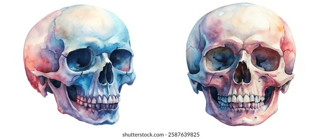 Watercolor skull illustration, vibrant colors, artistic anatomy, detailed design, decorative art, medical education.