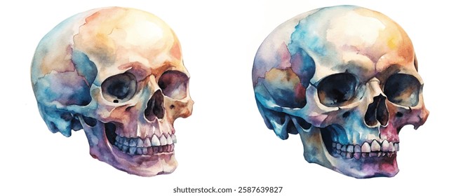 Watercolor skull illustration, vibrant colors, artistic style, anatomy study, medical art, decorative design.