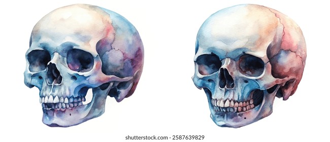 Watercolor skull illustration, vibrant colors, artistic style, anatomy study, educational purpose, creative design.