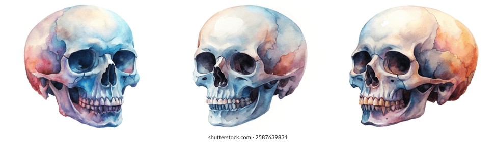 Watercolor skull illustration, vibrant colors, anatomical study, artistic rendering, medical education, decorative art.