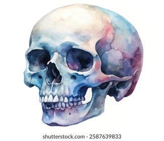 Watercolor skull illustration, vibrant colors, artistic design, anatomical study, decorative art piece, medical illustration.