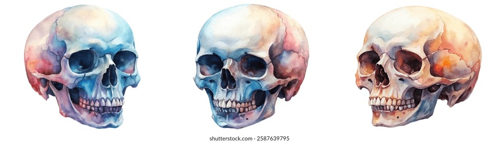 Watercolor skull illustrations, anatomical details, artistic rendering, vibrant colors, medical art, educational purpose.