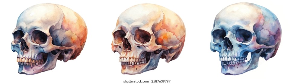 Watercolor skull illustrations, anatomical details, artistic rendering, medical art, vibrant colors, educational purpose.