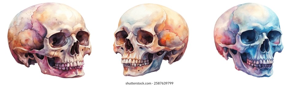 Watercolor skull illustrations, anatomical details, artistic style, vibrant colors, educational purpose, medical art.