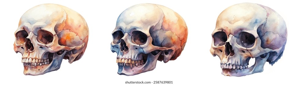 Watercolor skull illustrations, anatomical details, artistic style, educational purpose, medical art, vibrant colors.