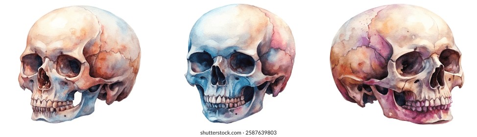 Watercolor skull illustrations, anatomical details, artistic style, vibrant colors, educational purpose, medical art, creative design.