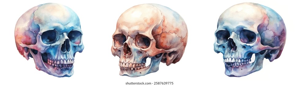 Watercolor skull illustrations, anatomical study, artistic representation, vibrant colors, educational reference, medical art.