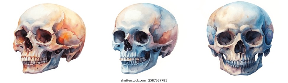 Watercolor skull illustrations, anatomical study, artistic rendering, vibrant colors, educational purpose, decorative art.