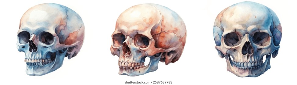 Watercolor skull illustrations, anatomical study, artistic rendering, detailed design, educational purpose, vibrant colors.