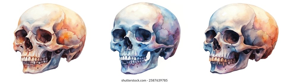 Watercolor skull illustrations, anatomical study, artistic rendering, vibrant colors, educational purpose, detailed anatomy.