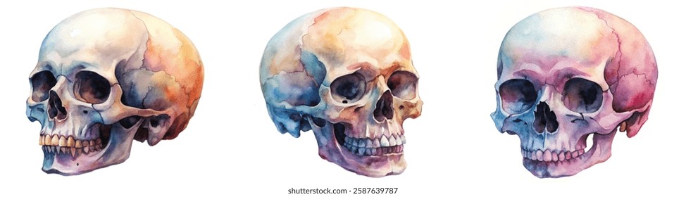 Watercolor skull illustrations, anatomical study, artistic rendering, colorful design, educational purpose, scientific art.
