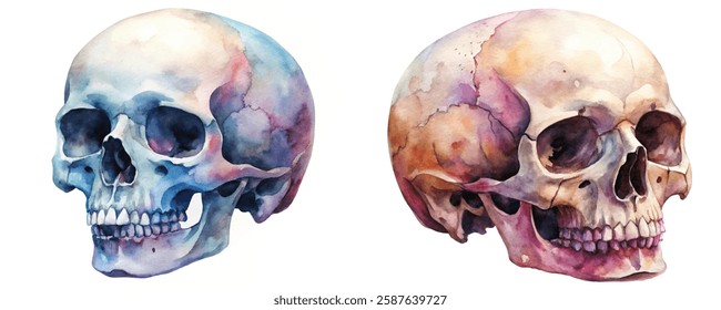 Watercolor skull illustrations, artistic anatomy, colorful design, educational art, medical illustration, unique decor.