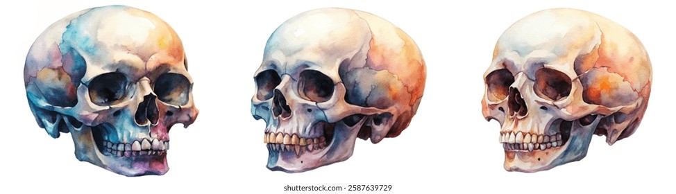 Watercolor skull illustrations, artistic anatomy study, colorful skull designs, detailed side views, medical art, creative educational use.