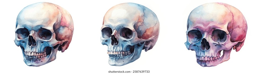 Watercolor skull illustrations, artistic anatomy study, colorful design elements, educational art, medical illustration style.